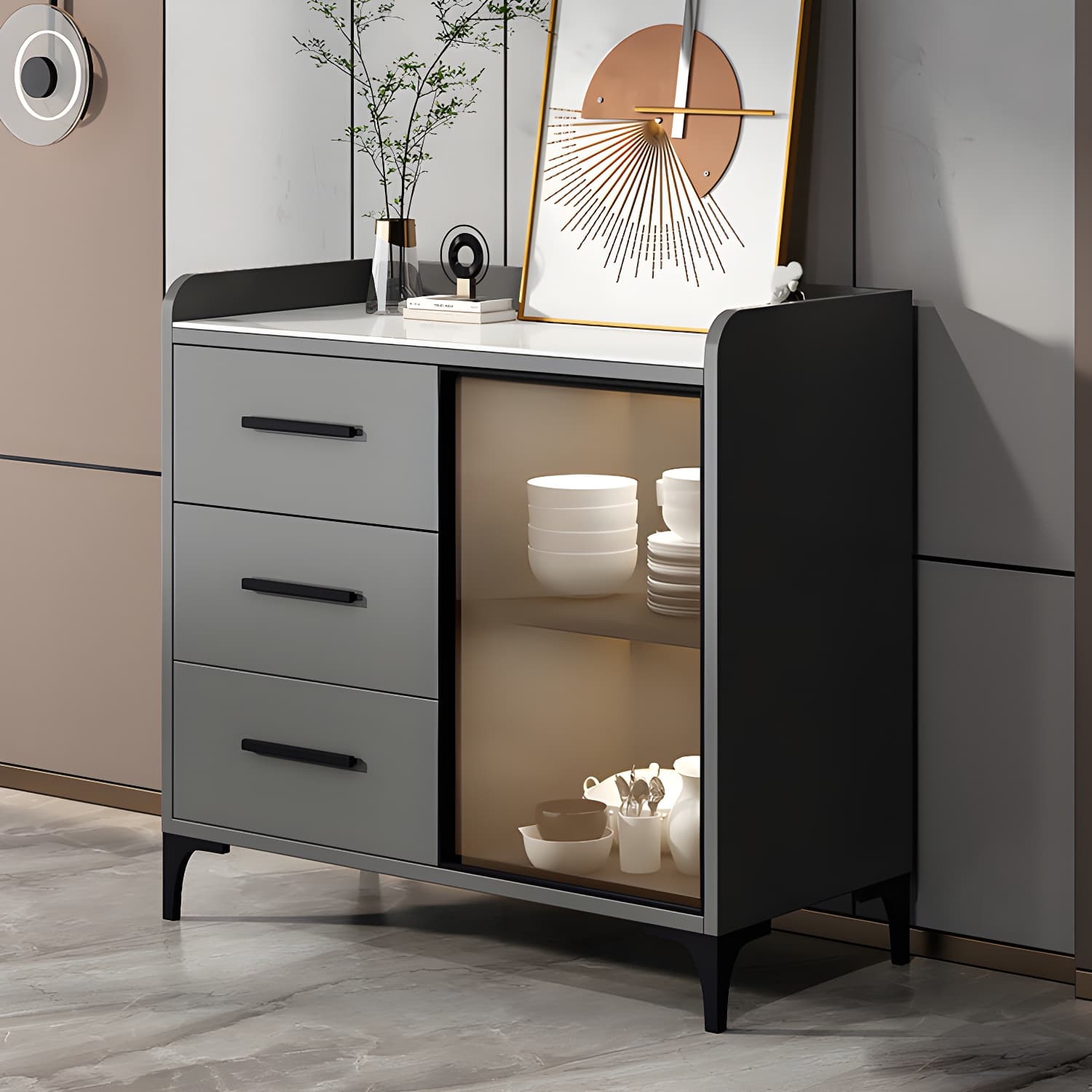 Glam Style Sideboard Wood Glass Doors Side Board with Cabinets and Drawers without Light - image 6