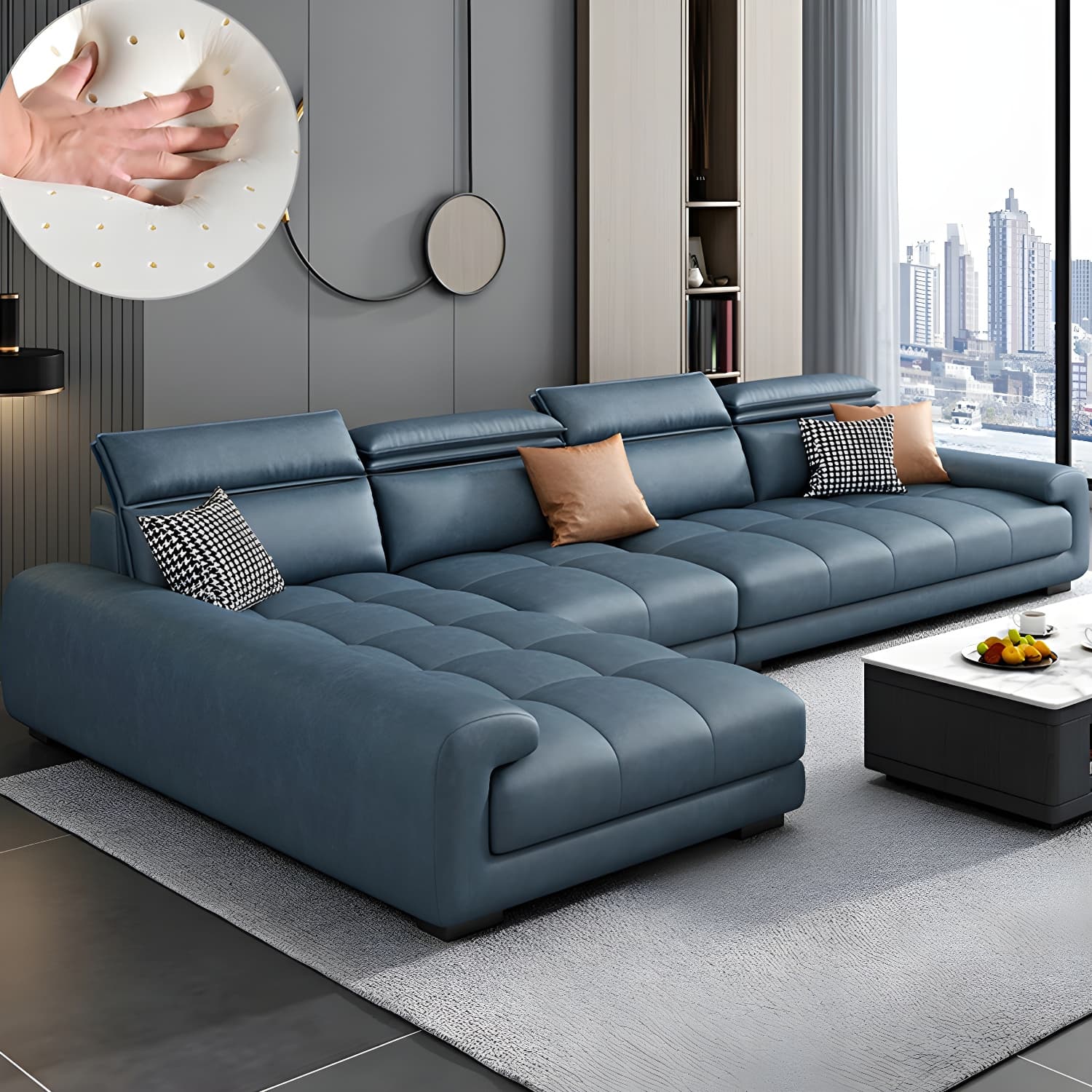 Modern L-Shape Tech Cloth Sectional Sofa Set with Adjustable Headrest