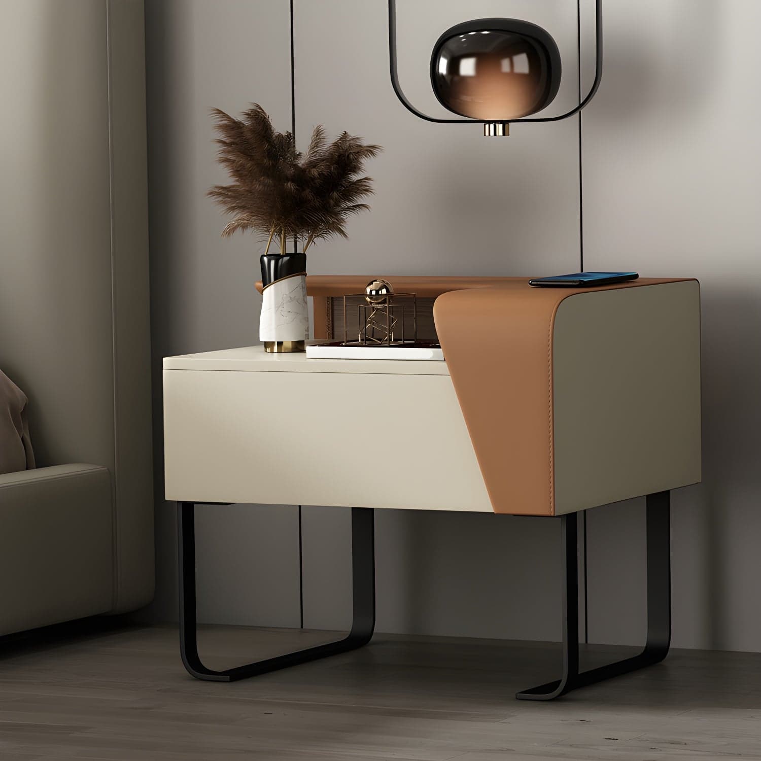 Modern Wooden Nightstand 19" Tall Sled Bedside Cabinet with Drawer - image 5
