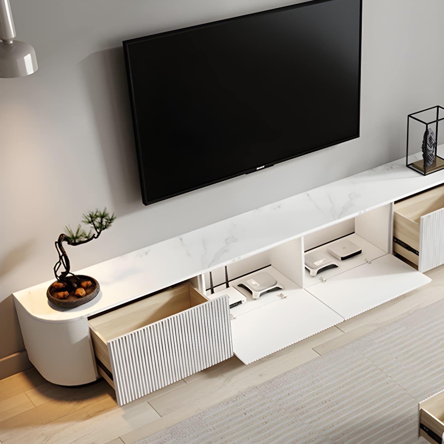 Modern White TV Media Stand 16" W Enclosed Storage Stone TV Stand with Drawers - image 8