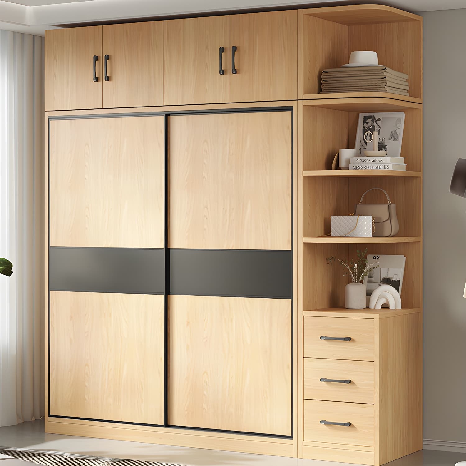 Light Wood Wardrobe Armoire with Sliding Doors, Clothing Rod, and Soft-Close Drawers