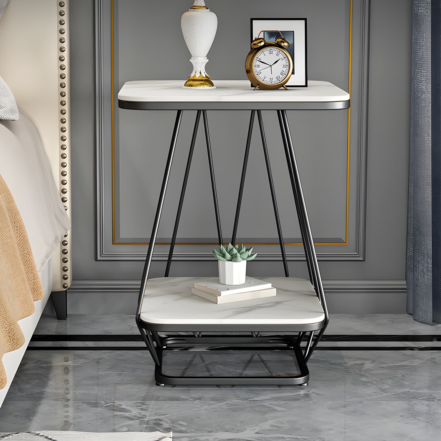 Glam Metal Night Table Stone Top 24'' Tall Open Storage Nightstand with Legs - image 9