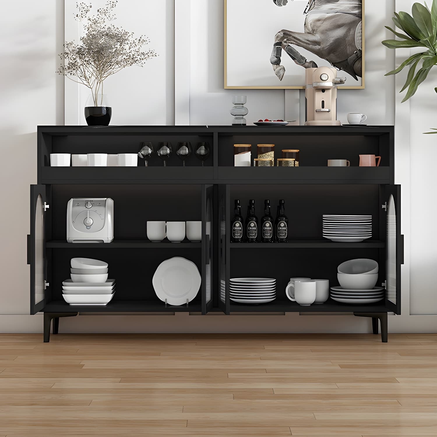 Modern Wood Buffet Sideboard with Stone Countertop and Glass Doors - image 14