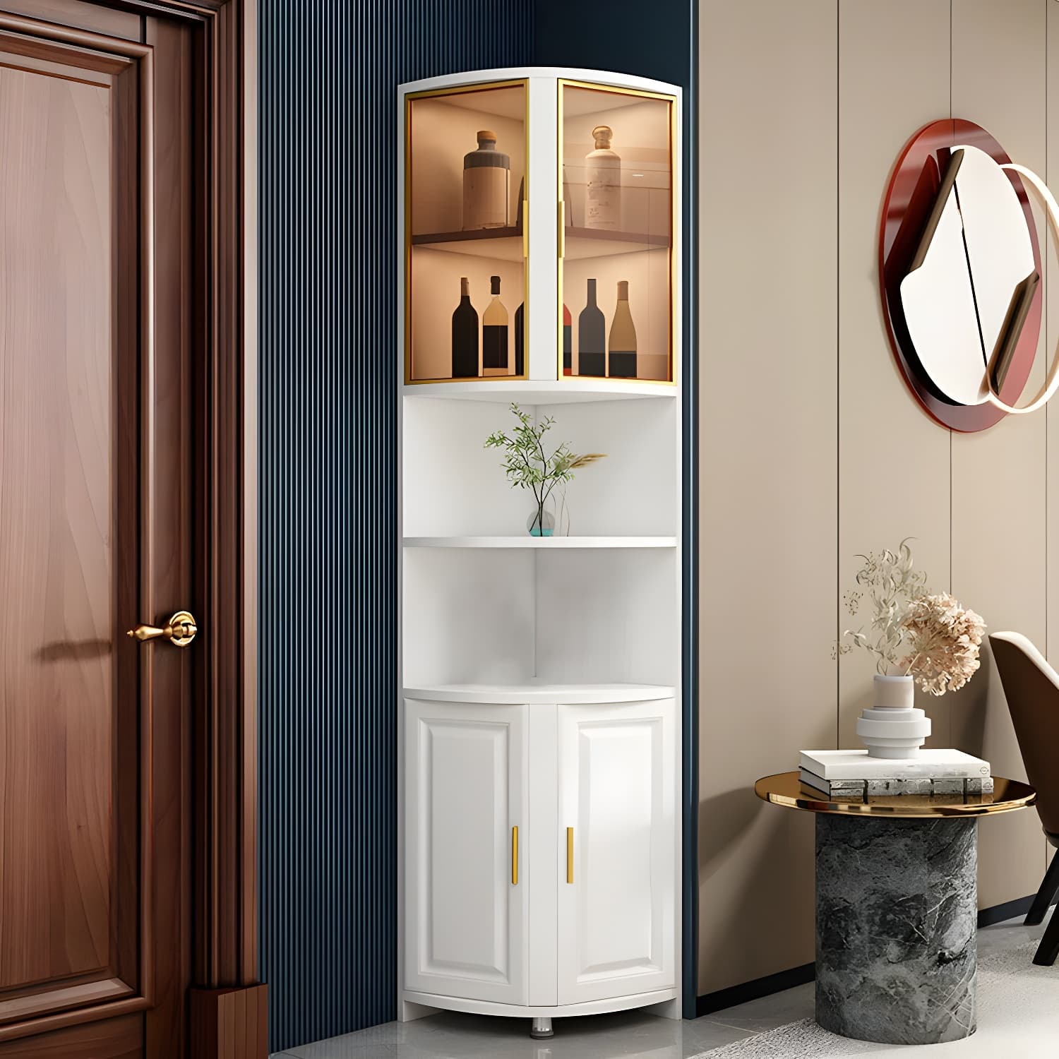 Modern White Corner Accent Cabinet with Glass Doors and 2 Interior Shelves