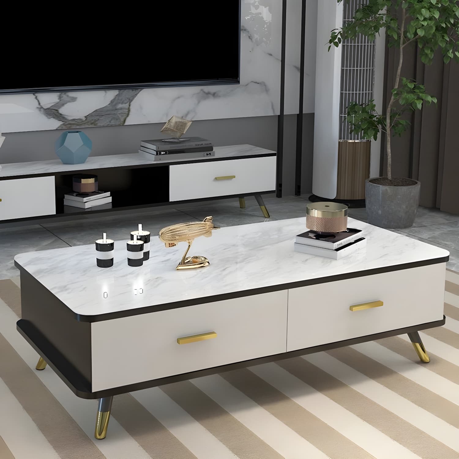 Glam Hollywood Regency Gold Metal Coffee Table with Storage Drawers - image 6