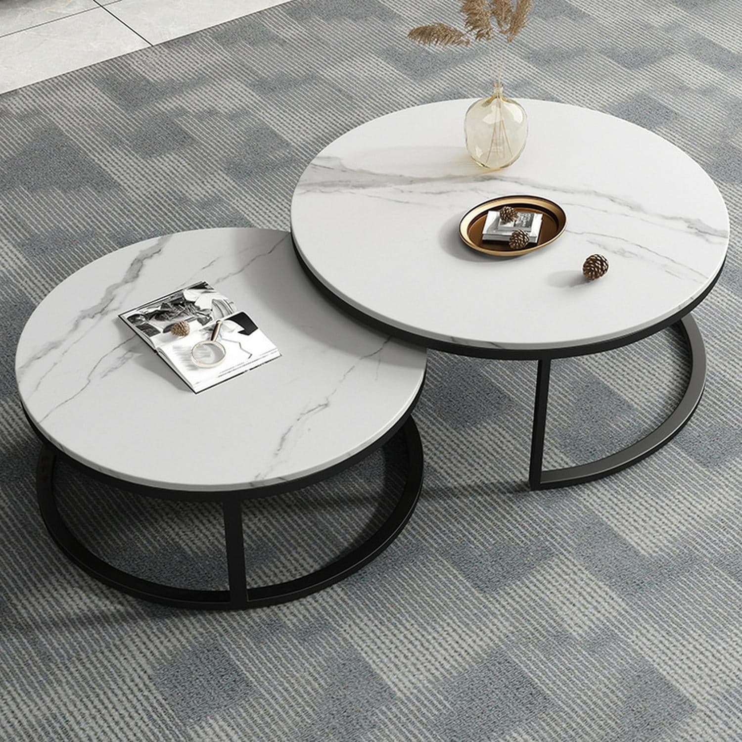 Modern Black Nesting Coffee Tables, 2 Set, Round Stone Top, Steel Frame with Storage - image 4