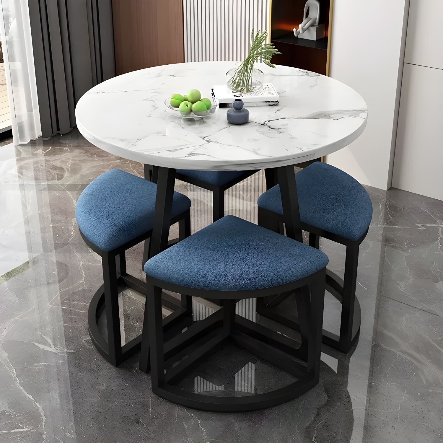 Round White Wood Tone Modern Dining Set with Metal Pedestal Base - Seats 4