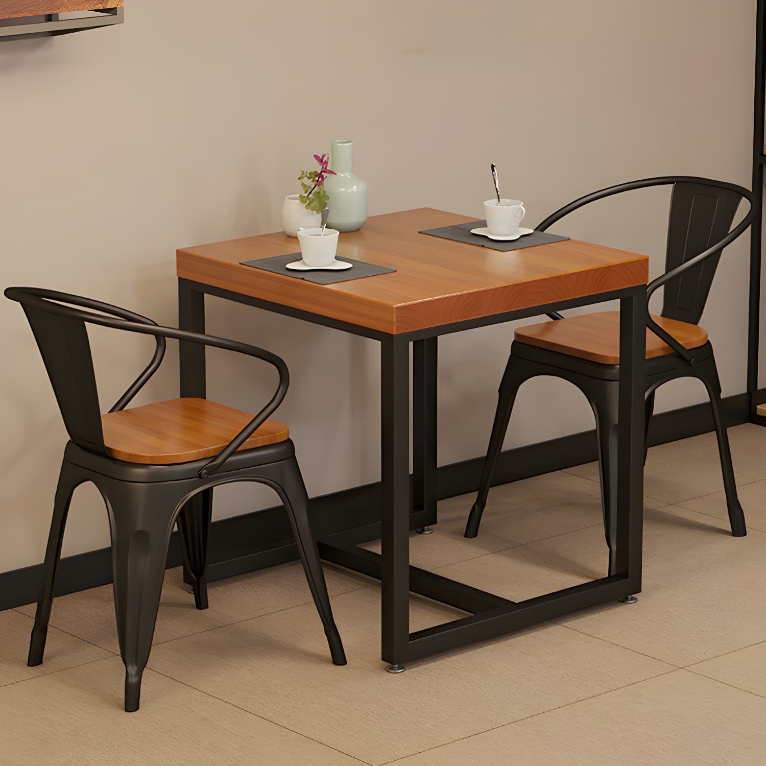 Solid Wood Top Dining Table Industrial Square Black Iron Trestle Base Table