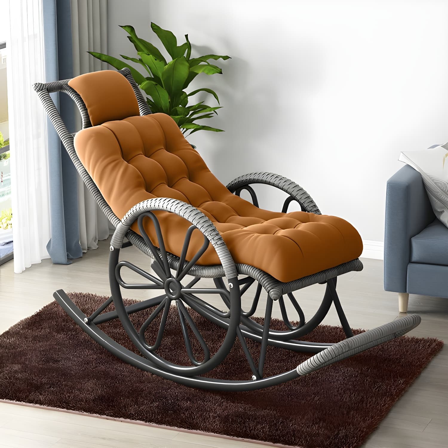 Modern Rocker Wicker Removable Cushions Tufted with Gray Frame Rocking Chair - image 9