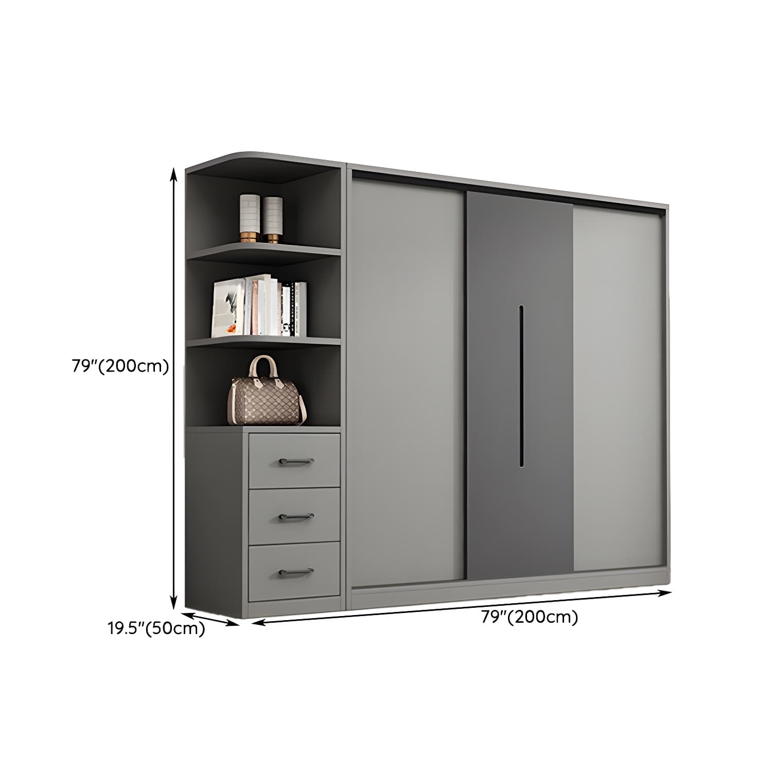 Contemporary Wood Grey Cloth Rod Included Wardrobe with Shelves - image 25