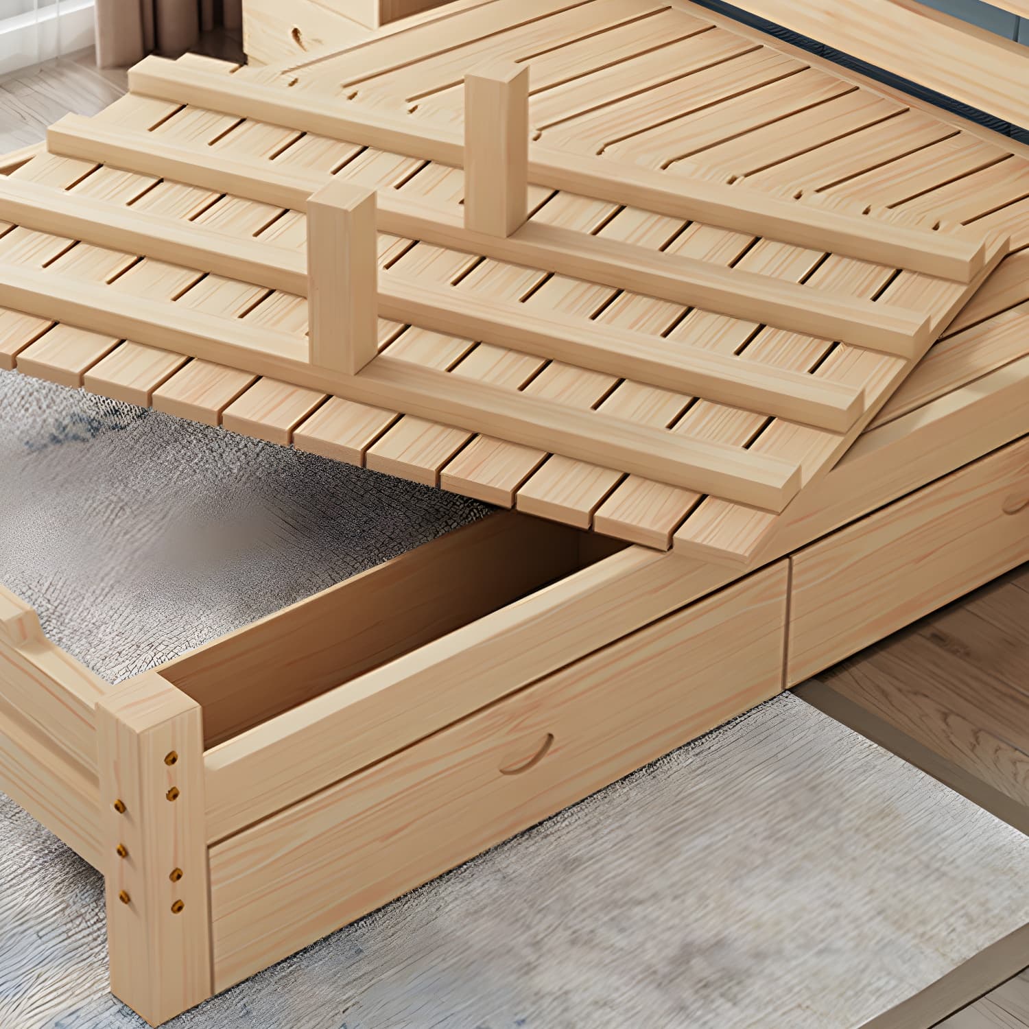 Pine Wood Bed in Light Brone Scandinavian Bed with Headboard - image 8
