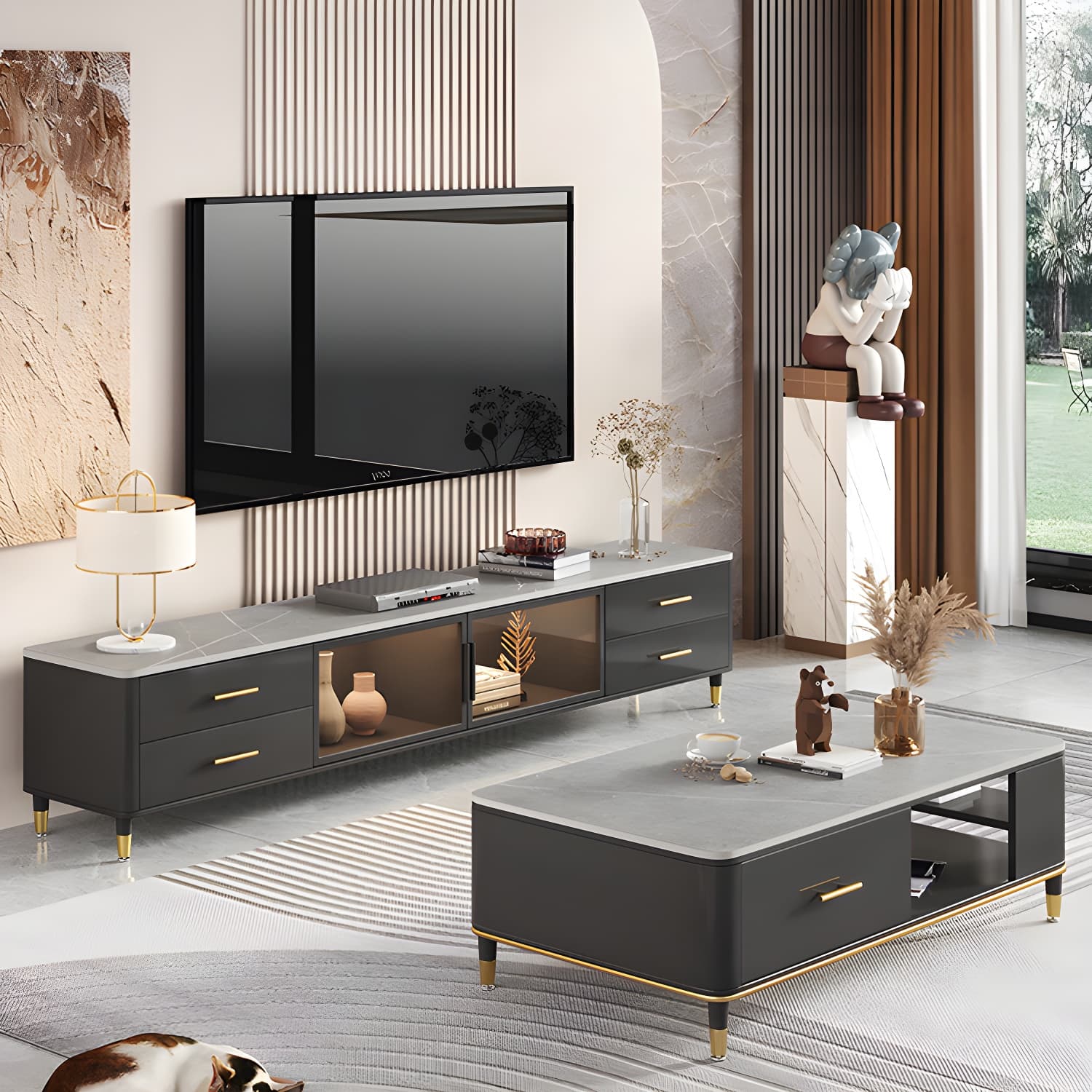 Stone Top Media Console Contemporary TV Media Stand with Metal Legs - image 7