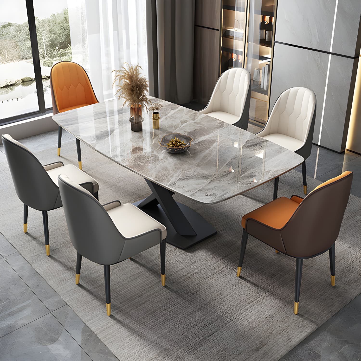 Modern 5/7-Piece Dining Set with Upholstered Chairs in Beige and Slate Table Top - image 3