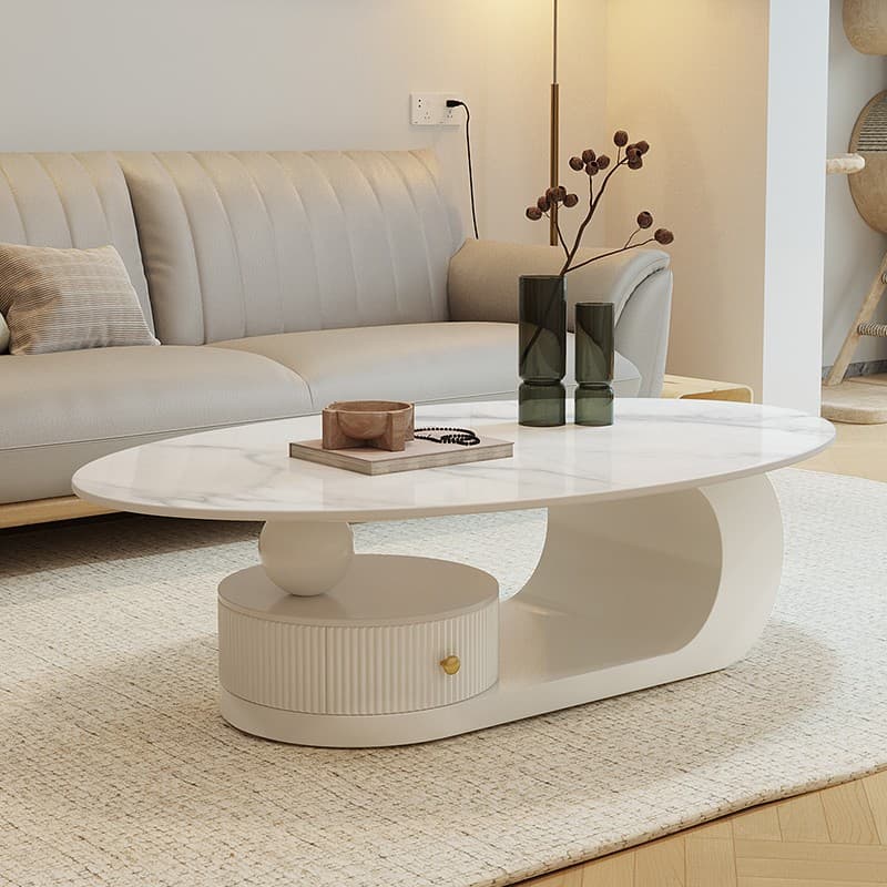 White/Black Farmhouse Single Stone Accent Table with Base, Oval Top, and 1 Drawer