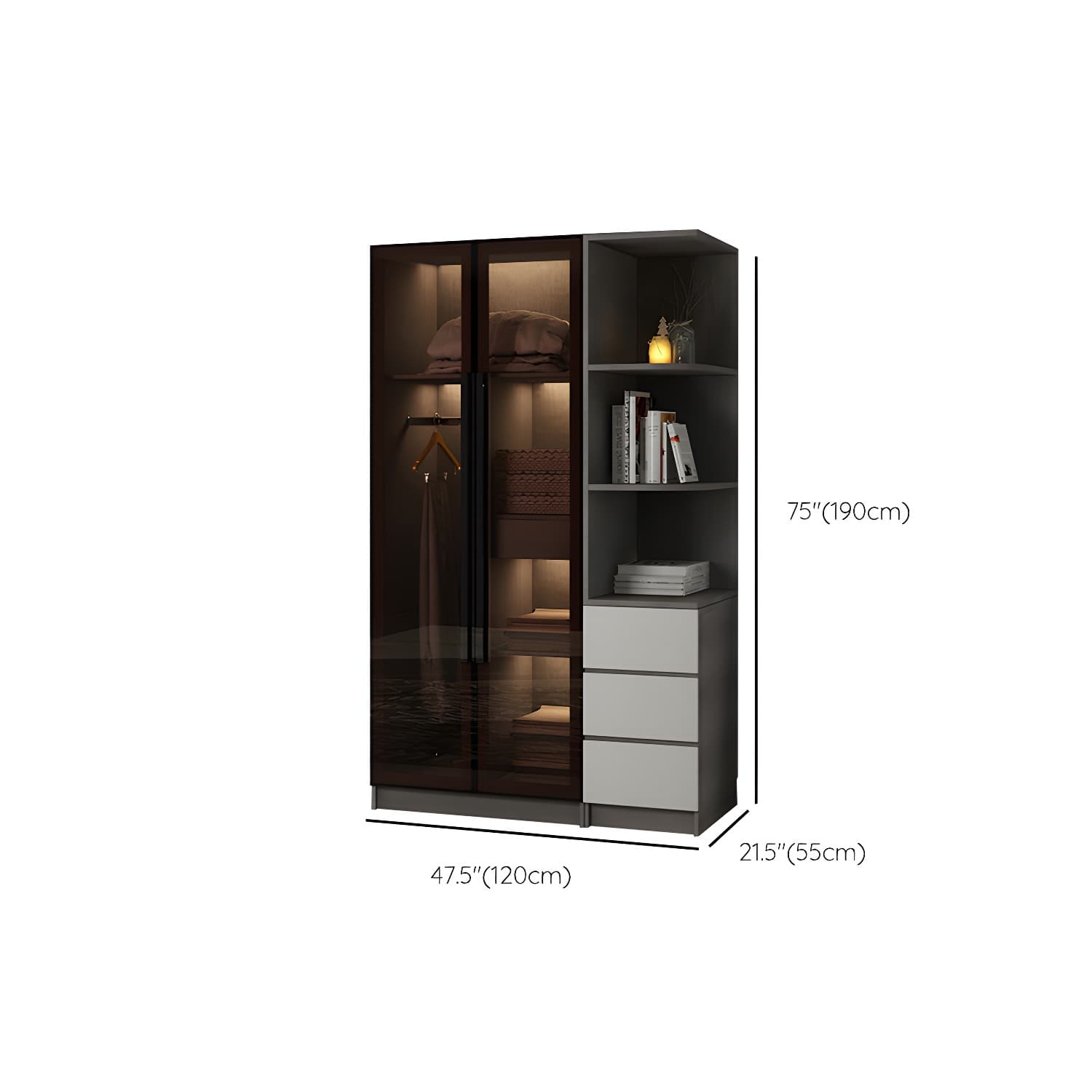 Modern Glass Hinged Doors Wardrobe Armoire Wood Frame Wardrobe with Shelves without Light - image 18