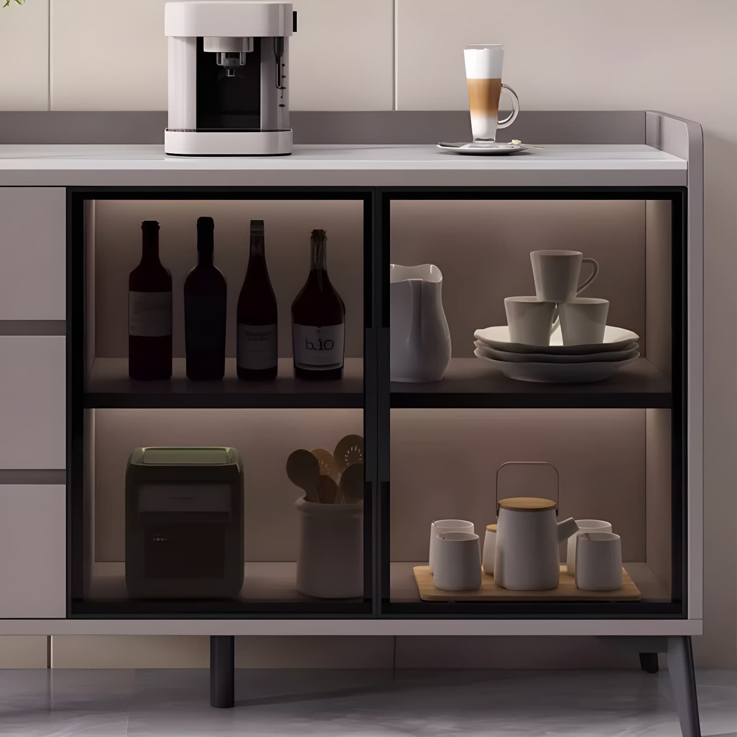 Stone Top Modern Wood Sideboard Credenza with 3 Drawers and Glass Doors - image 12