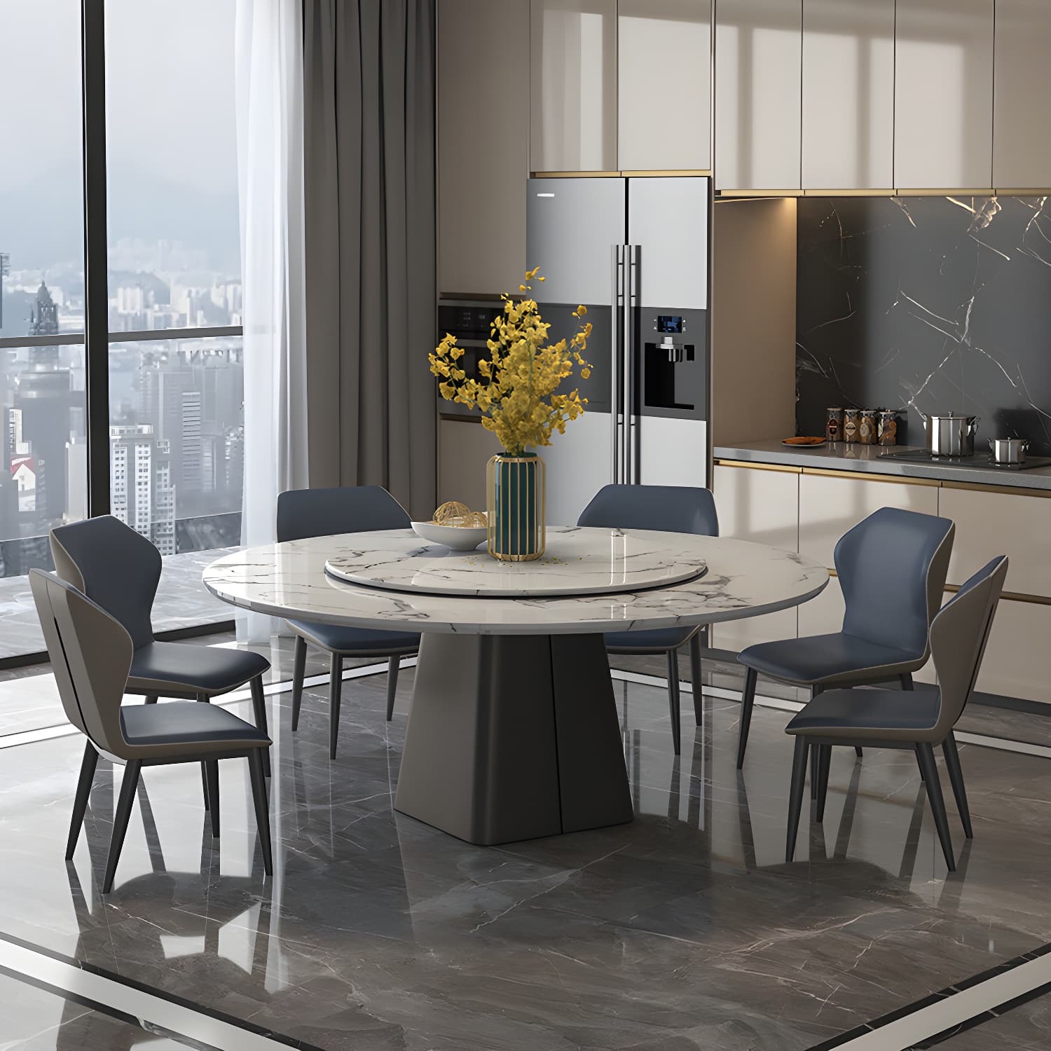 Marble Dining Table Set 1/4/5/7/11 Pcs Rectangle Table with Wingback Chairs - image 3