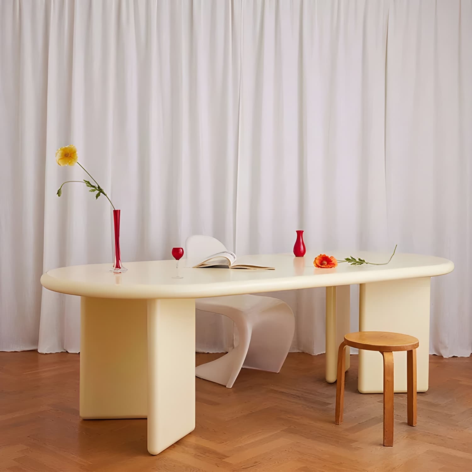 Modern Style Dining Table Oval Solid Wood Dining Table with Double Pedestal Base - image 4