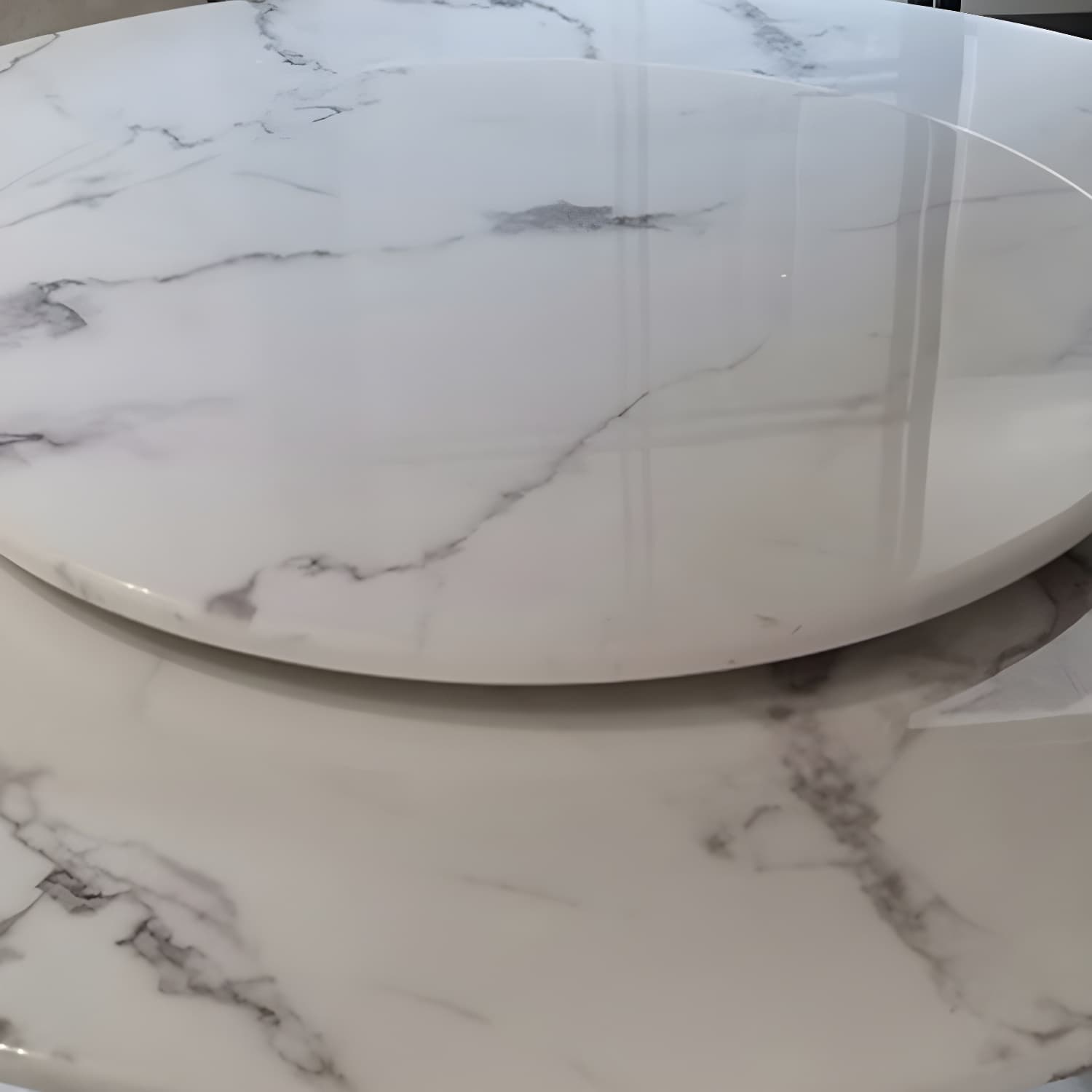 Round White Marble Modern Dining Table with Black Steel Pedestal Base and Convenient Lazy Susan - image 4