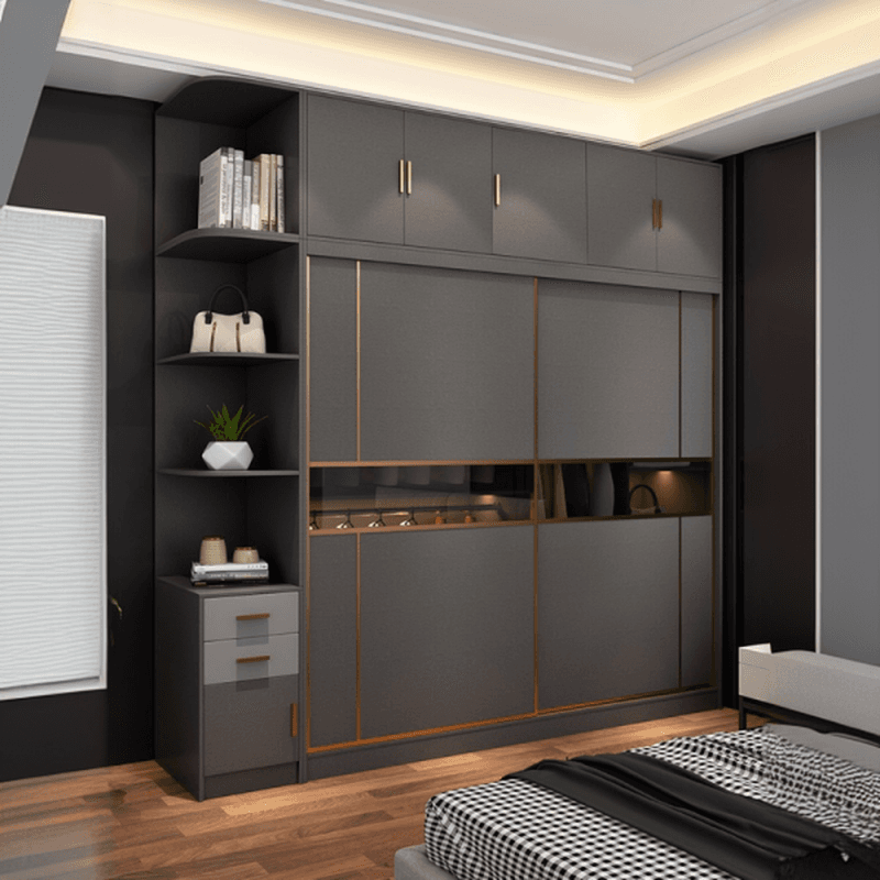 Unfixed Timber Wardrobe Closet in Graywash Wood with Gliding Soft Close Door and Soft Close Drawer in a Modern Style