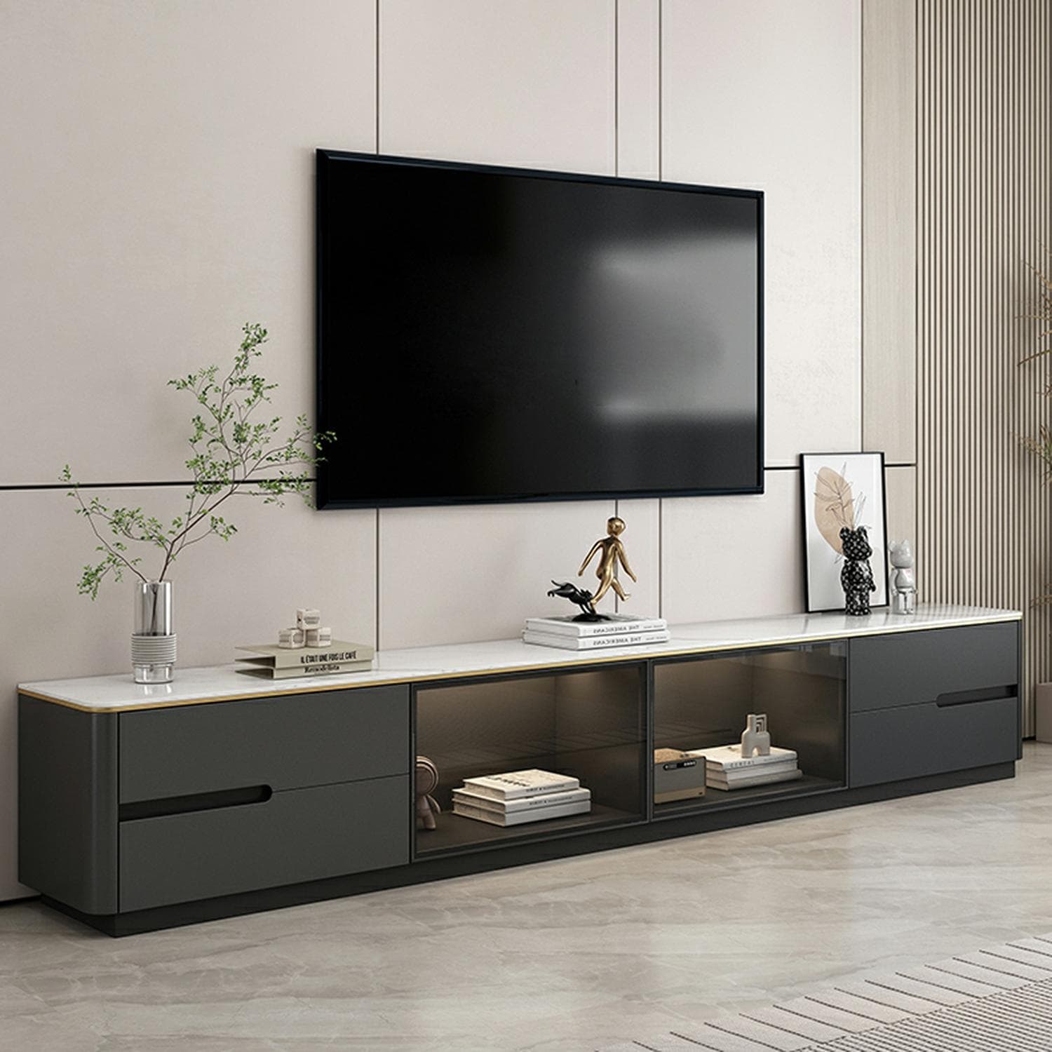 Modern Stone TV Stand with Drawers and Cabinet Low Profile Cable Management Fully Assembly Required - image 12