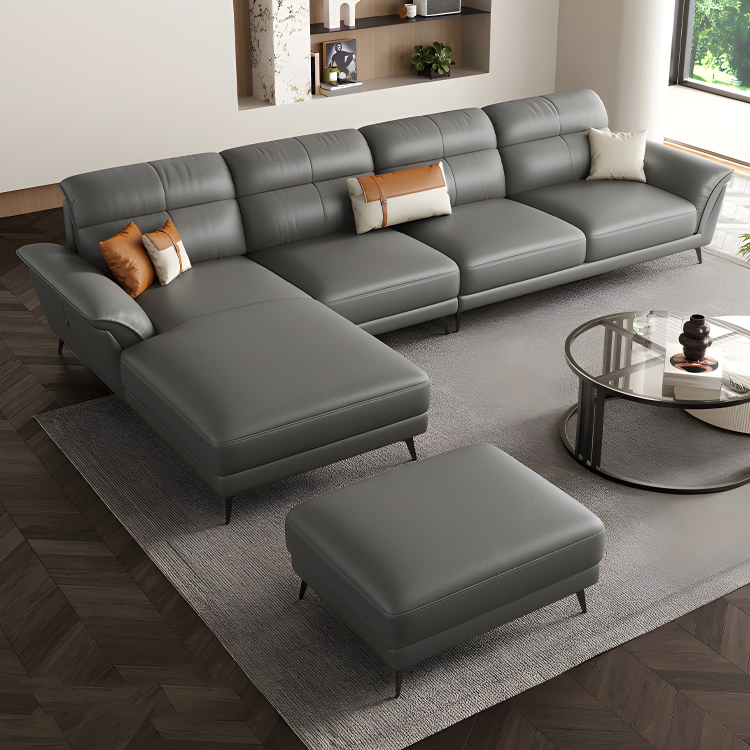 Modern Gray Leather Sectional Sofa with Flared Arms and Storage Not Included - image 3