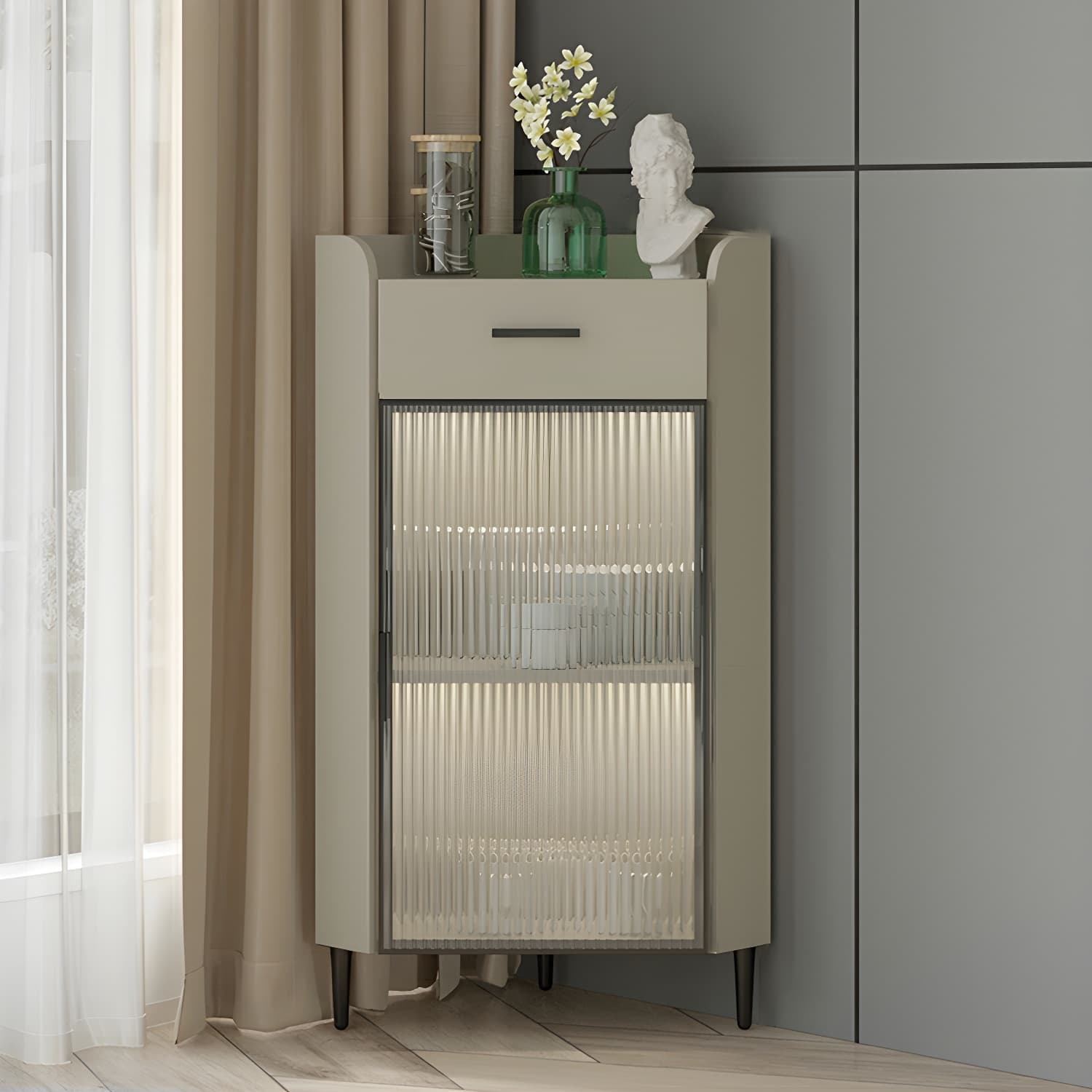 Small Modern Corner Accent Cabinet with Wood Counter Top, Drawers Included, and Metal Legs