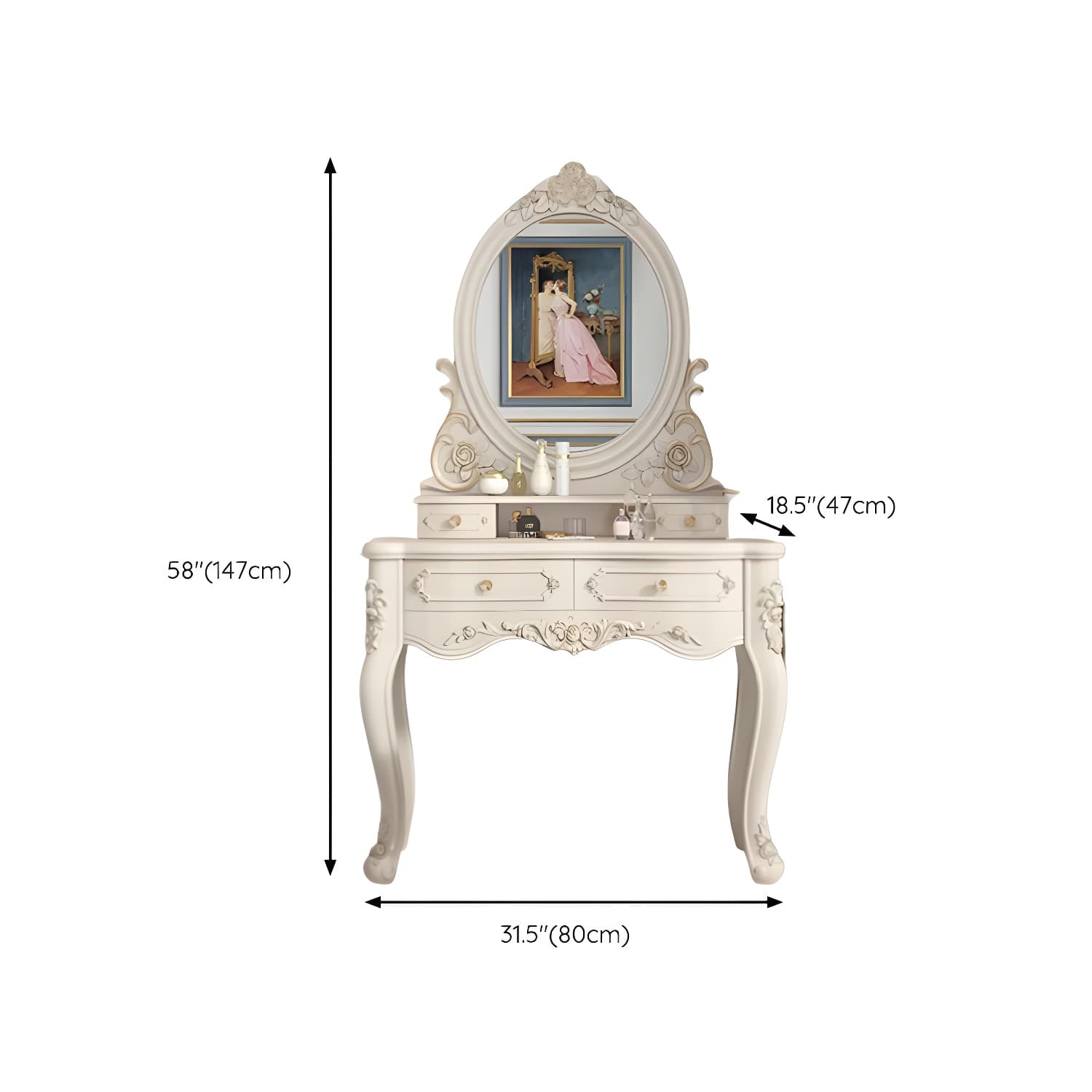 Elegant White Victorian Makeup Vanity Set with Wood Top & Mirror & Drawers & Upholstered Chair - image 12