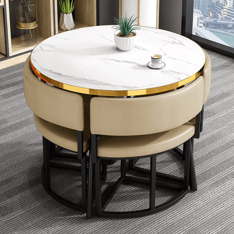 Art Deco Circular-shaped Upholstered Chair Metal & Faux Wood Dining Table Set with Upholstered Back in White, 5 Pieces - image 8