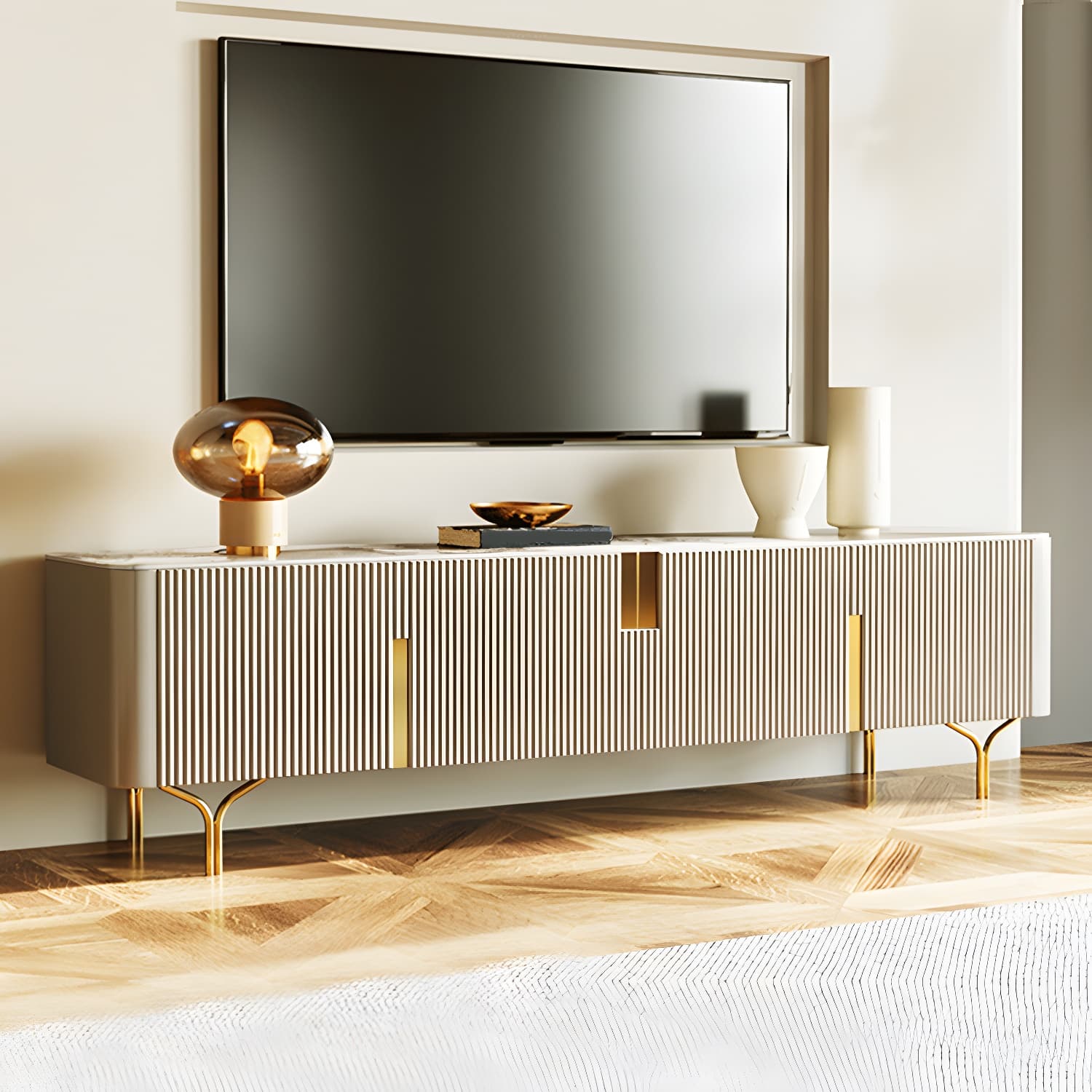 Enclosed Storage TV Stand Console Stone TV Media Console with Legs - image 3