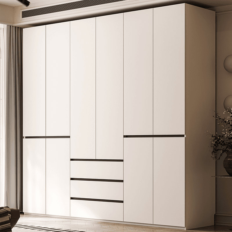 White Minimalist Laminate Independent Wardrobe Closet with Soft Close Drawer, Soft Close Door, and Interior Shelves
