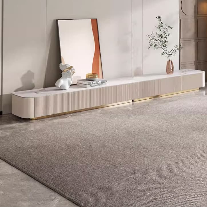 White Modern TV Stand with Low Height, Stone Material & Drawers for Full Assembly - image 9