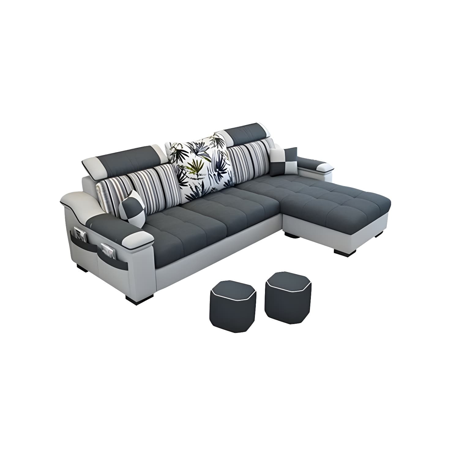 Modern Reversible Straight Sectional Sofa with Ottoman in Linen Upholstery, Sloped Arms - image 3