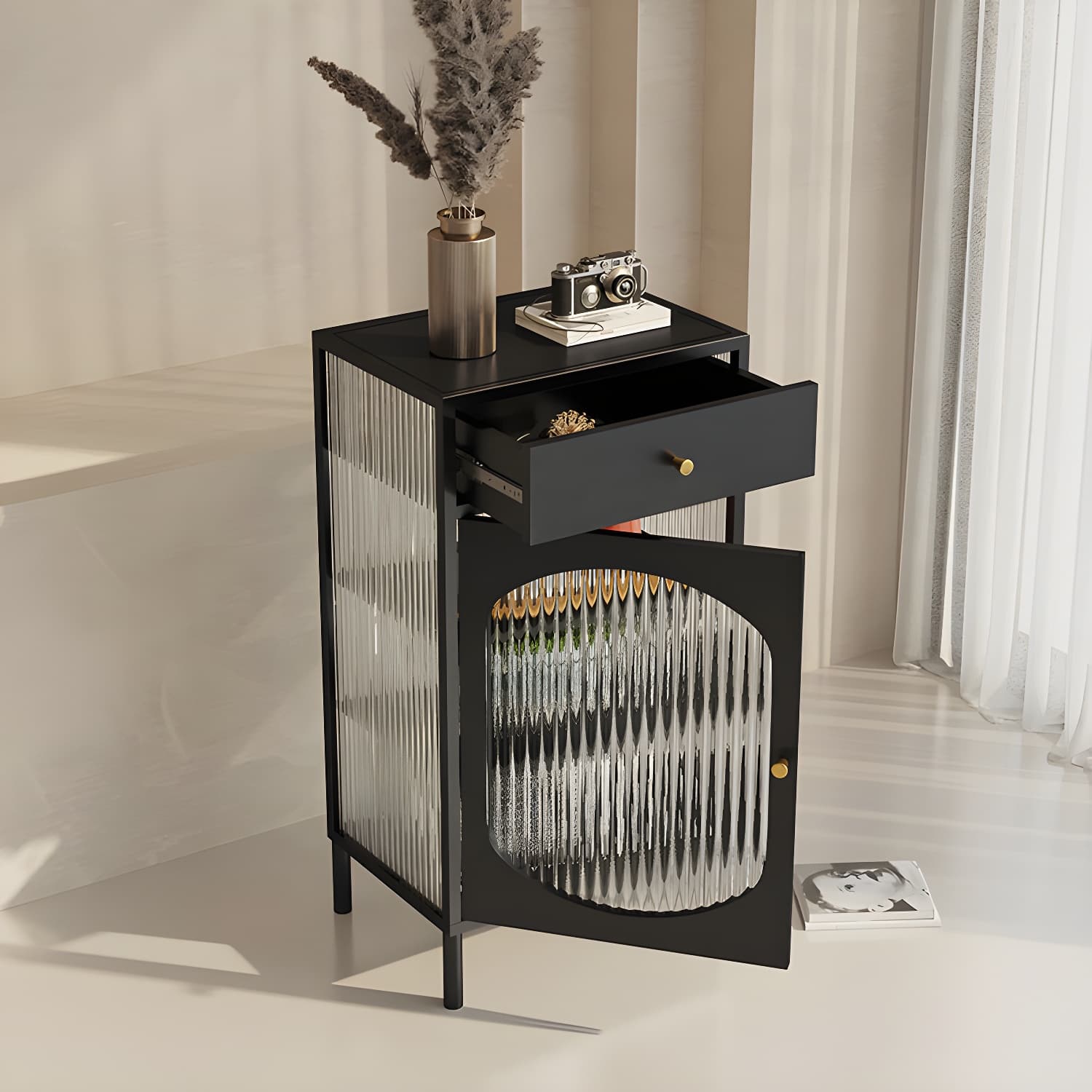 Modern Indoor Dining Server with Glass Doors Polished Finish Metal Sideboard - image 4