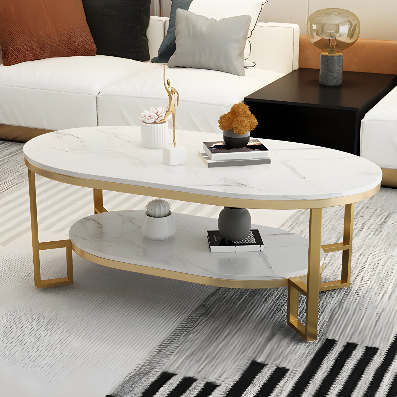17.72" H Stone/Marble Top Coffee Table Frame Shelf Included Cocktail Table - image 3