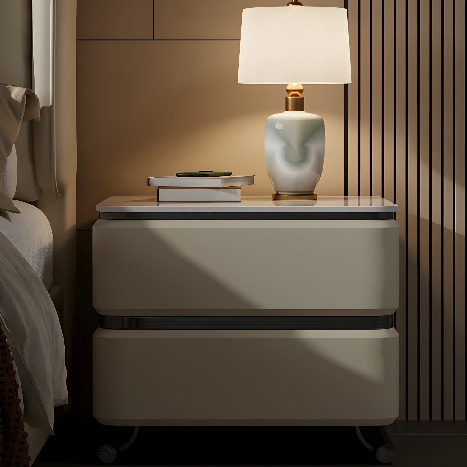 Small Modern Faux Leather Nightstand with Drawer Storage in Stone Finish - image 13