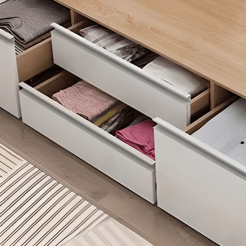 Natural Color Solid Color Storage Included Bed with 4 Storage Boxes and Storage Drawer for Bedroom