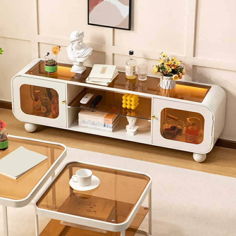 Modern Glass TV Stand with Open Shelving, Cabinet, and Low Profile Design - image 5