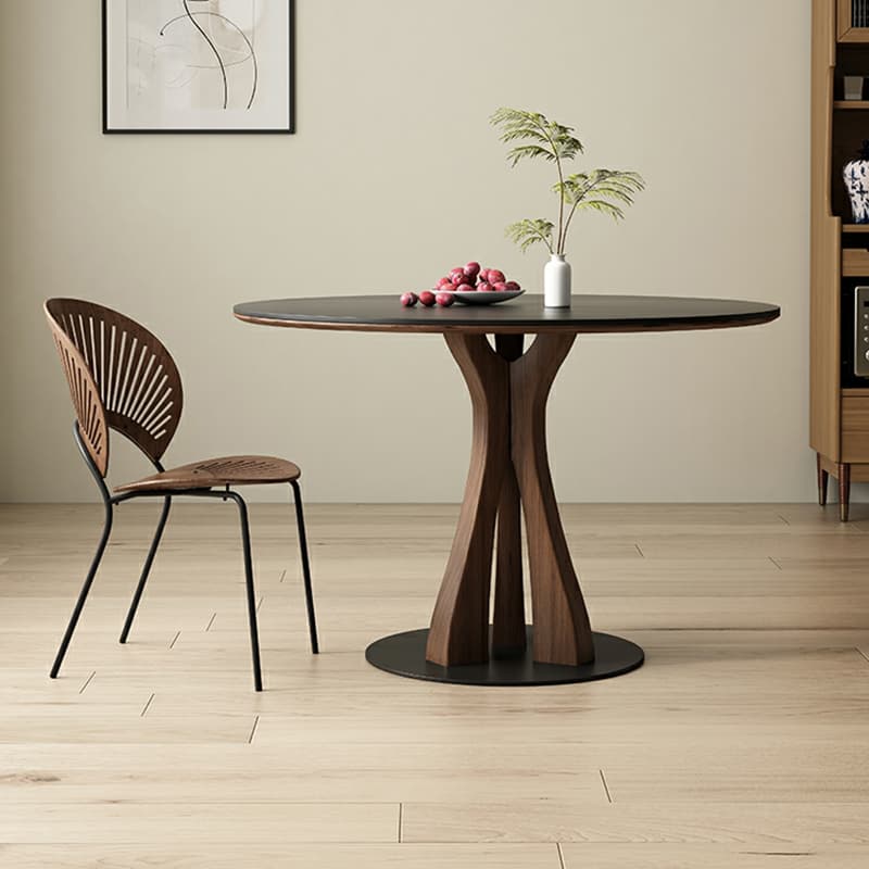 Round Modern Stone Top Dining Table with Solid Wood Pedestal Base - image 3