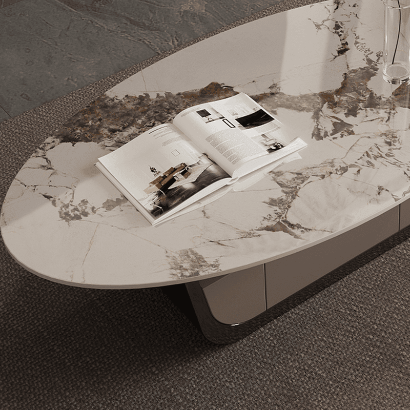 Glamorous Oblong Stone Coffee Table with Abstract Base, Scratch-proof and Drawer for Small Spaces - image 9