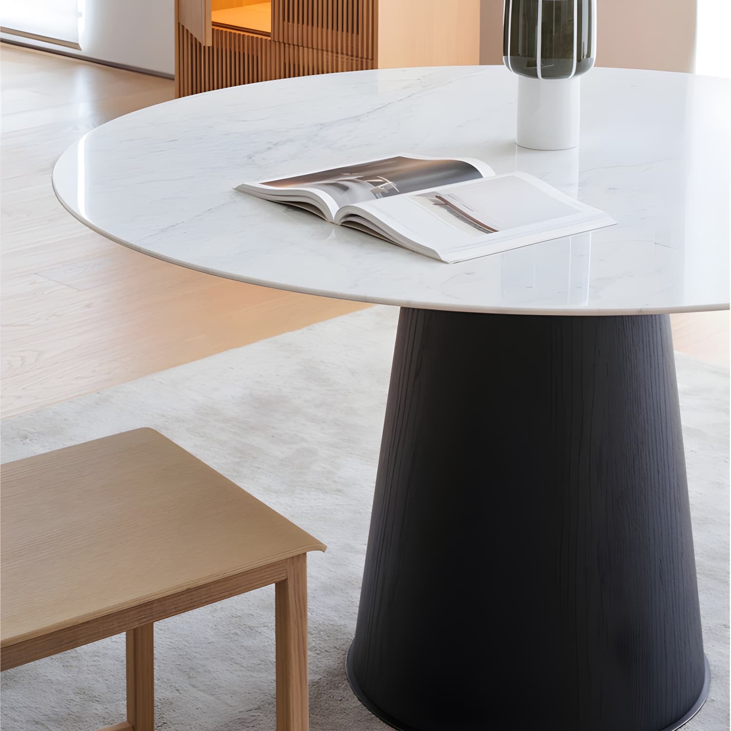 Modern Round Dining Table White Stone Tabletop with Wood Pedestal Base - image 7