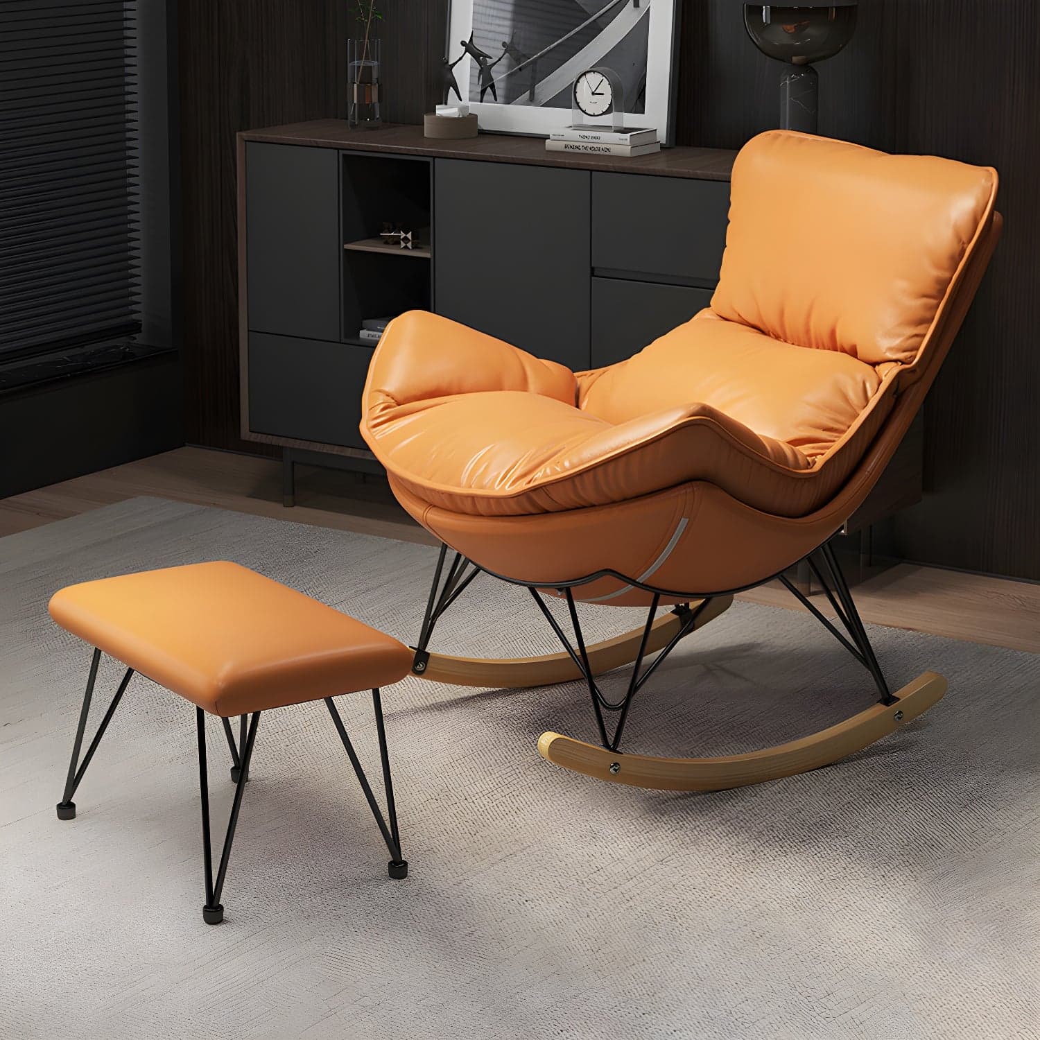 Wing Back Rocking Chair Solid Wood Rocker Chair with Ottoman - image 4