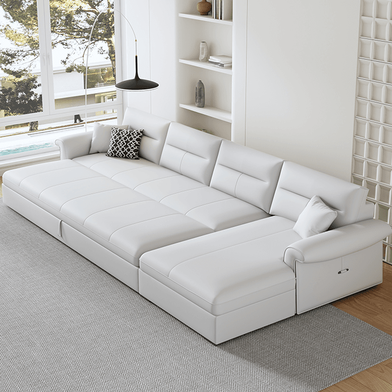 L-Shape/Straight Sofa/Sofa Chaise in Chalk with Under-seat-storage, Right Hand Facing/Horizontal Orientation, and Round Arm