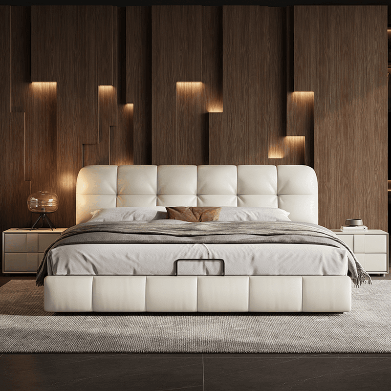 Beige Solid Color Storage Bed with 3 Storage Boxes, Pine Wood Frame, and Button-tufted Design for Living Room