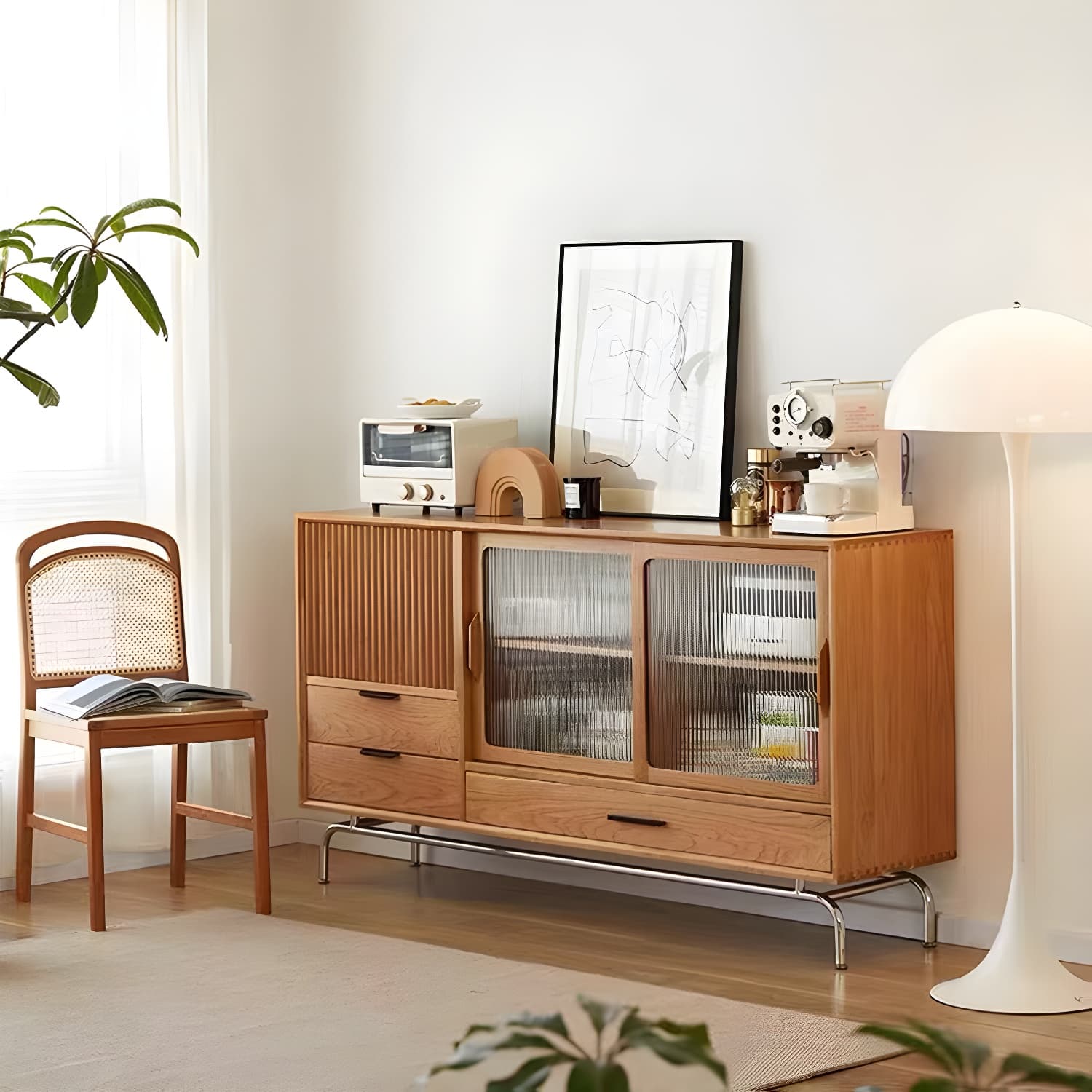 Solid Wood Sideboard Table Natural Adjustable Shelves Credenza with Glass Door - image 4