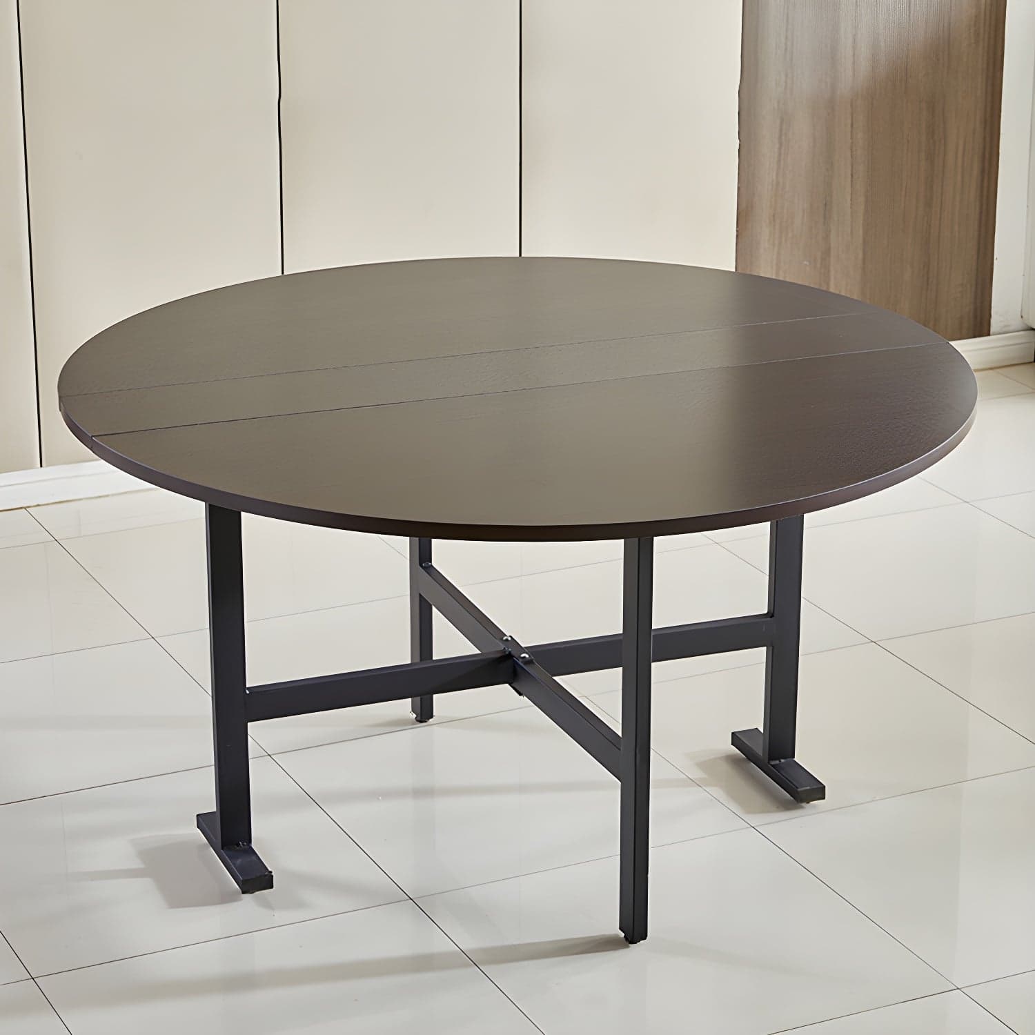 Metal Mid-Century Modern Round Table Wood Top Dining Table with Drop Leaf - image 3