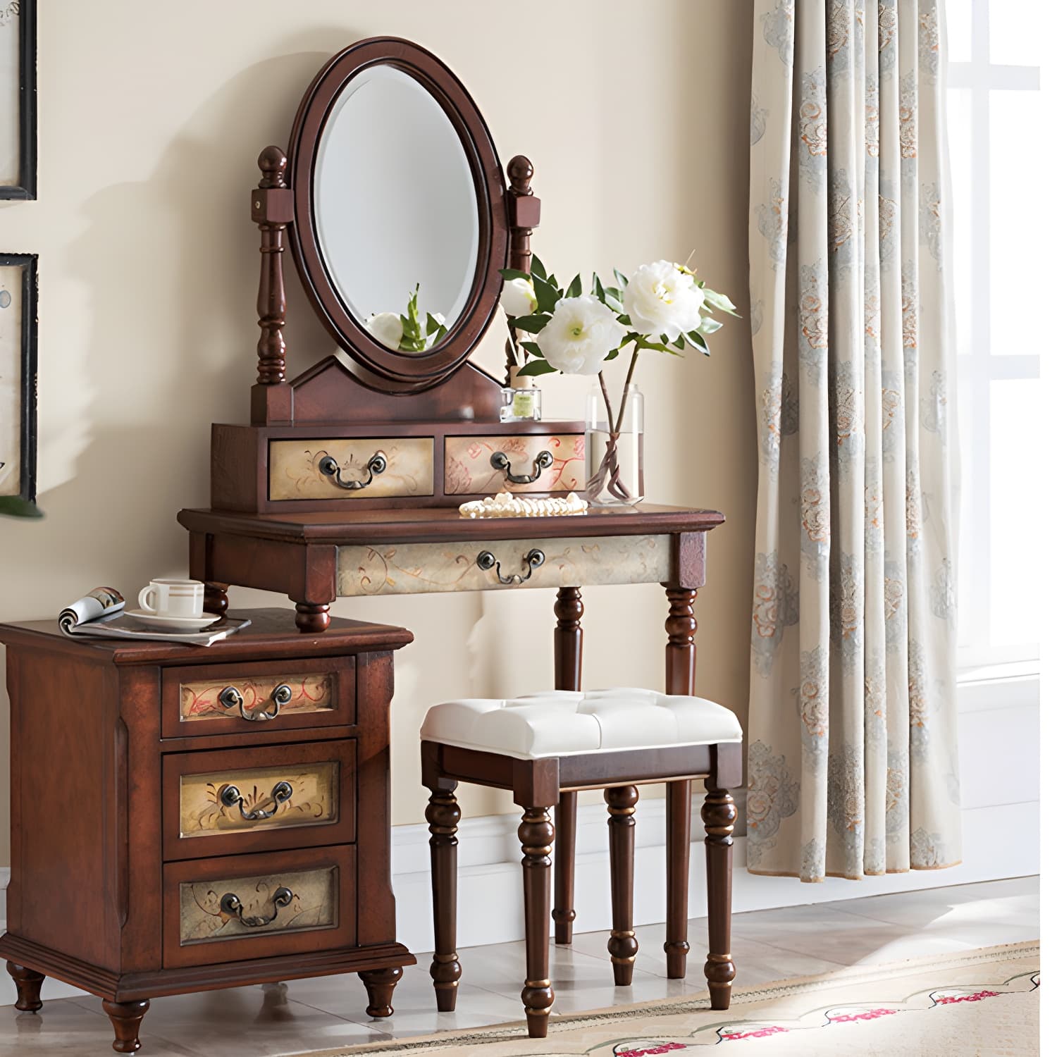 Victorian Wood Vanity Table with Mirror and Stool 15.75" D Vanity Table Set - image 15