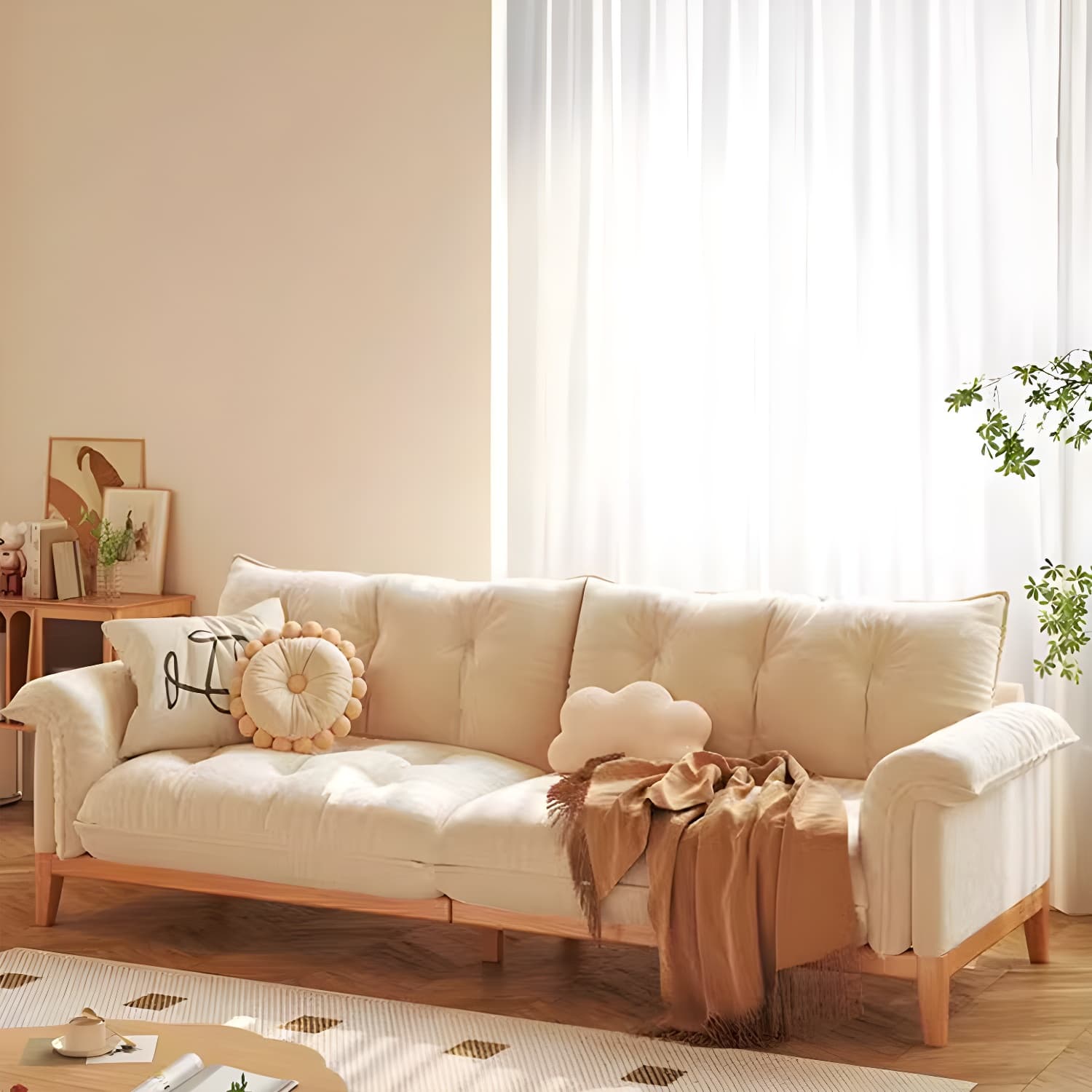 Beige Scandinavian Tufted Sectional Sofa with Wood Frame and Pillow Top Arm - image 4