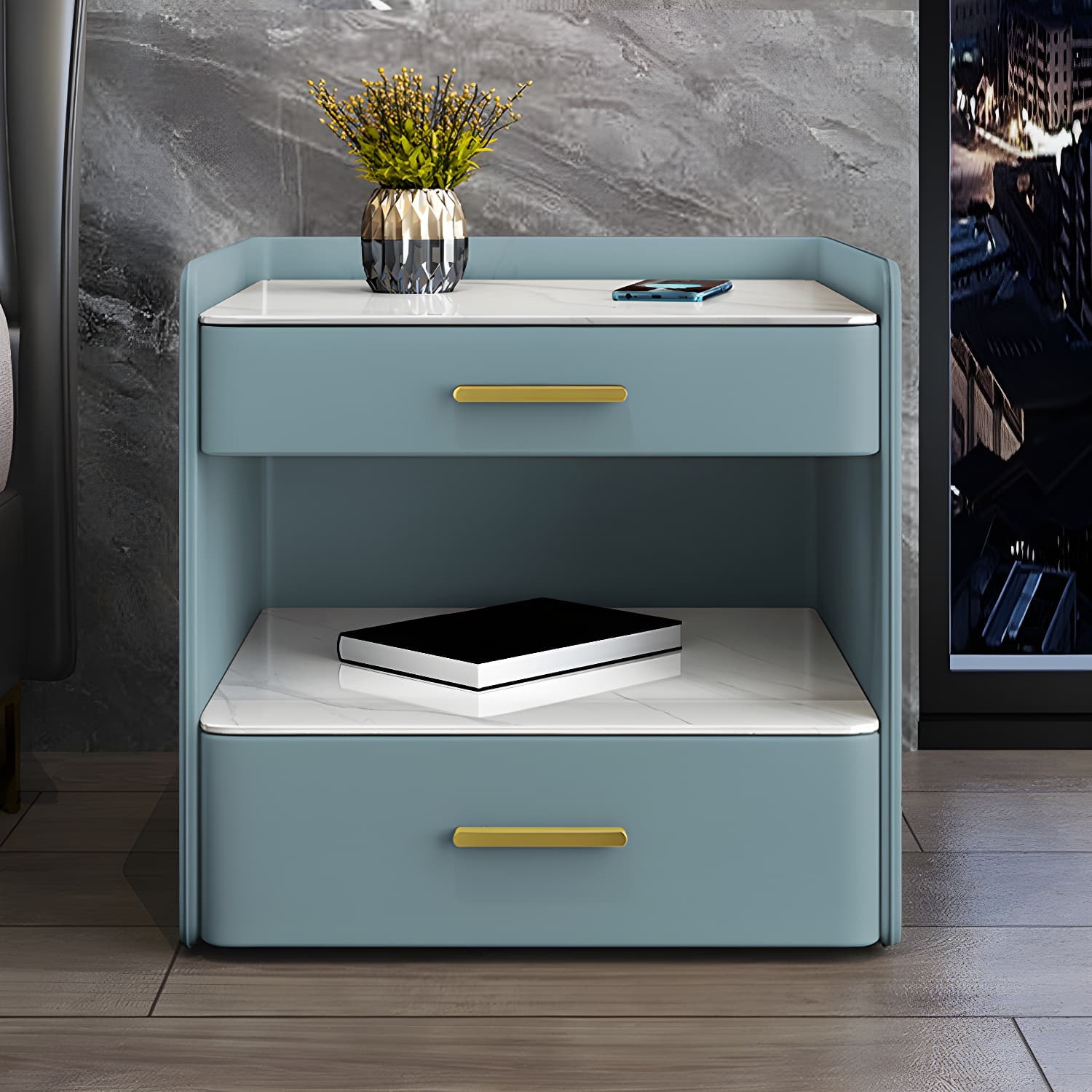 Stone Bed Nightstand Open Storage Bedside Cabinet with Drawers - image 4