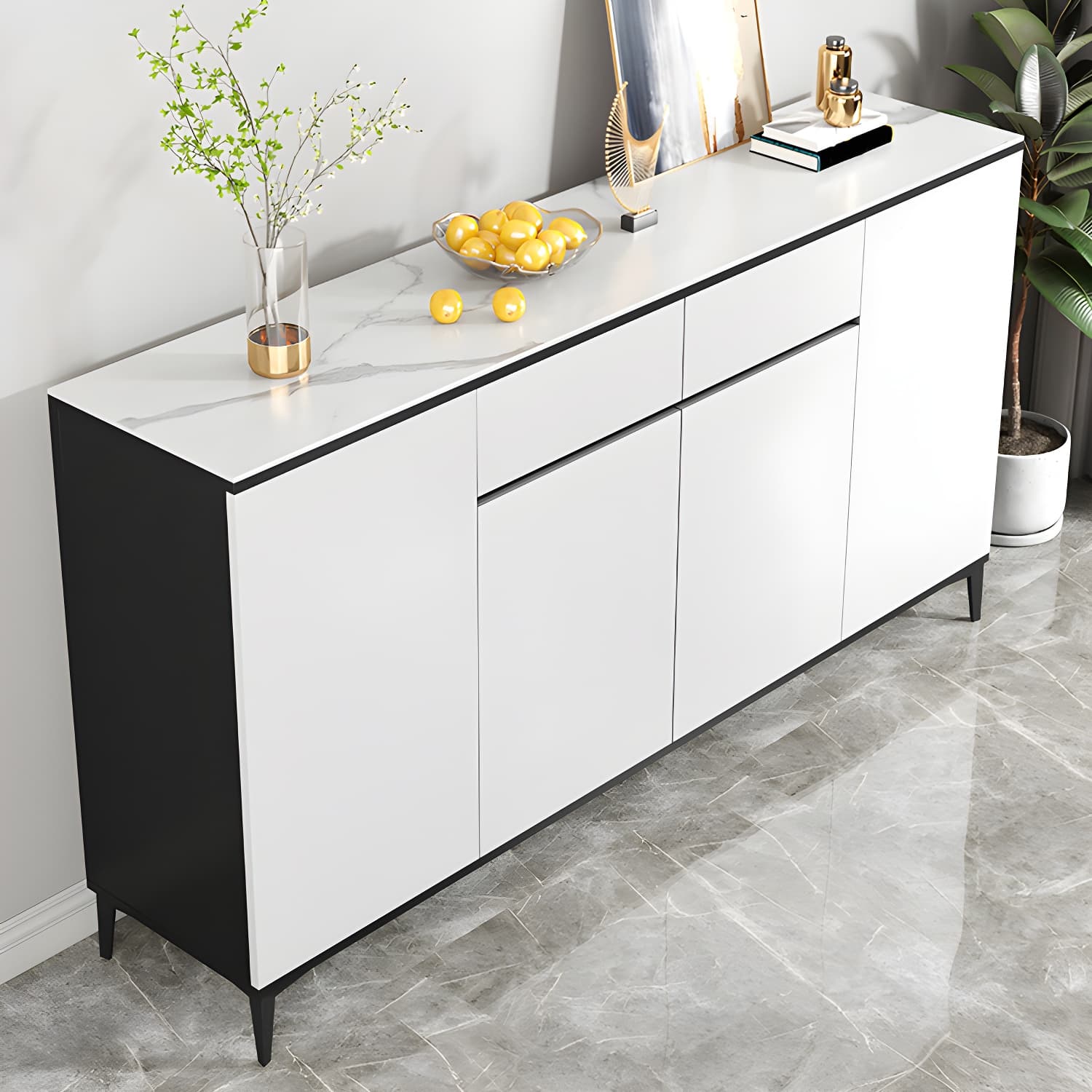 White Wood Buffet Sideboard with Drawers and Cabinet Included